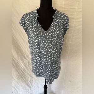 LOFT Slate Blue Printed Tie-Neck Cap Sleeve Blouse